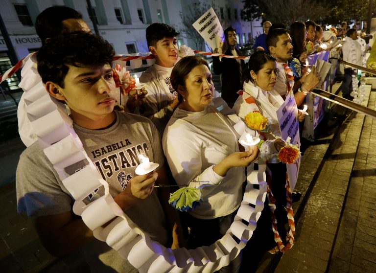 About a hundred demonstrators gathered outside the Alabama Capitol as Alabama Gov. Robert Bentley delivers his State of the State address to a combined session of the Alabama Legislature in the historic House chamber of the Capitol in Montgomery, Ala., in February. On Wednesday, lawmakers who led the effort to pass Alabama's toughest-in-the-nation law targeting illegal immigration said they aren't concerned some parts were thrown out by a settlement between the state and a coalition of advocacy groups. (AP Photo/Dave Martin)