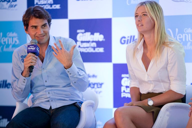  Tennis players, Roger Federer, of Switzerland, and Maria Sharapova of Russia hold a press conference to promote the Gillette Federer Tour, in Sao Paulo, Brazil, Thursday, Dec. 6, 2012. Federer will take on Brazilian Thomaz Bellucci in an exhibition match Thursday evening, Sharapova and Danish tennis star Caroline Wozniacki are scheduled for a Friday match. (AP Photo/Andre Penner)  