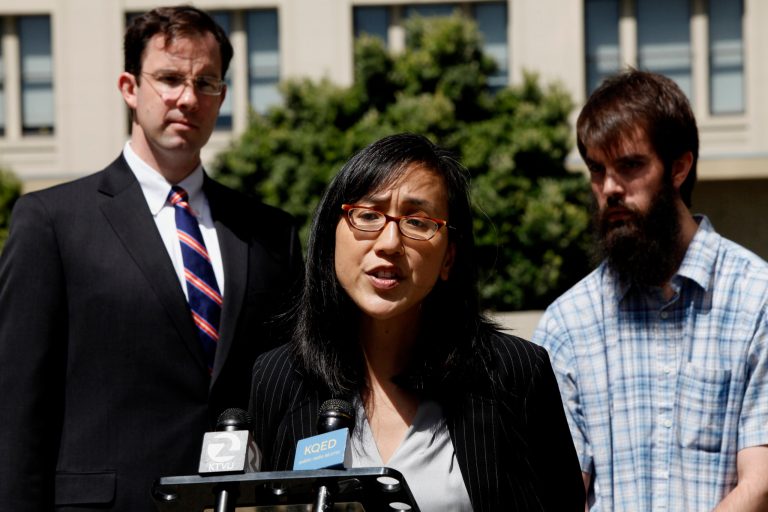 Linda Lye a senior staff attorney at the ACLU of Northern California speaks during a news conference outside the San Francisco Federal building on Thursday, July 10, 2014 in San Francisco. The ACLU along with Bingham McCutchen LLP and Advancing Justice - Asian Law Caucus will be representing several California men as they challenge the Department of Justice over an information-sharing program designed to help flag potential terrorism activity.  (AP Photo/Alex Washburn)