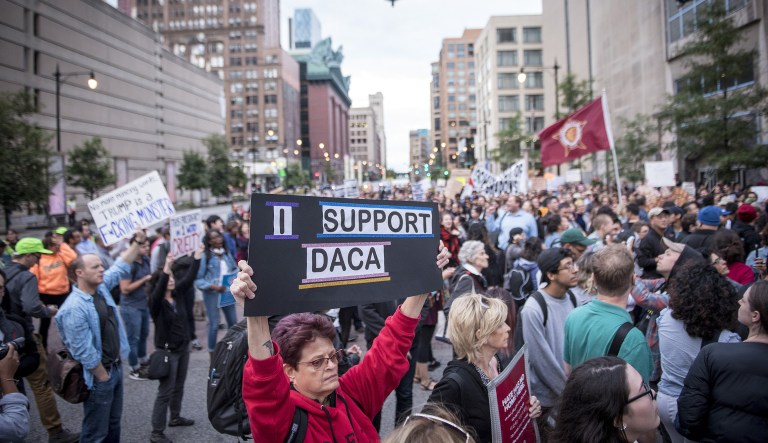 Demonstrators protest the end of the Deferred Action for Childhood Arrivals program. (Christopher Dilts/Bloomberg)