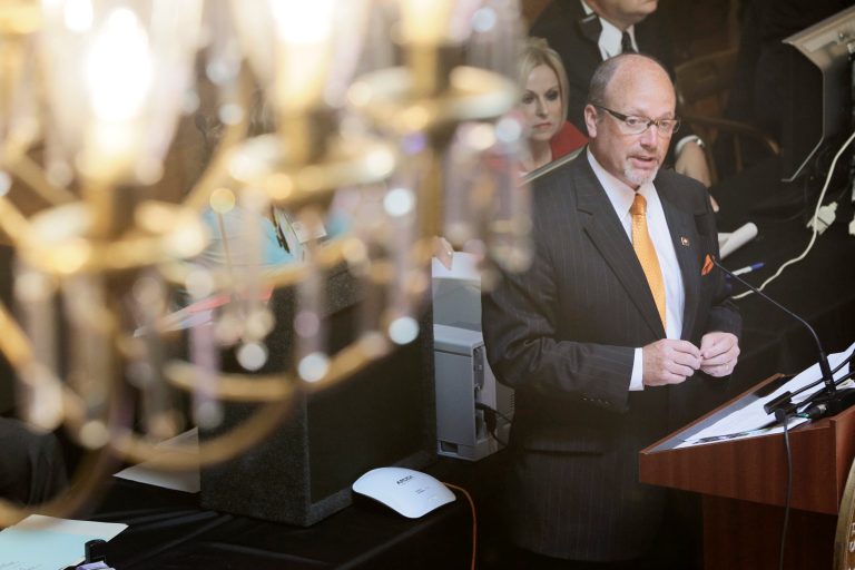 Rep. Harold Copenhaver, D-Jonesboro, presents a bill dealing with teacher's health insurance costs to House members at the Old State House in Little Rock, Ark., Tuesday. (AP Photo/Danny Johnston)