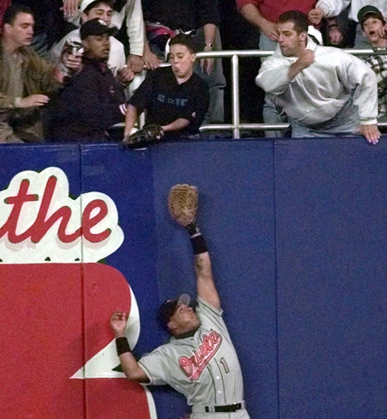 Mark Lennihan/AP
During the 1996 AL Championship Series between the Orioles and Yankees, 12-year-old fan Jeffrey Maier interfered when he caught a Derek Jeter fly ball, taking it away from right fielder Tony Tarasco.