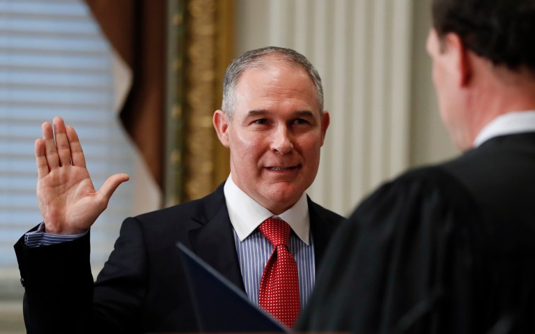 President Trump praised his newly sworn-in head of the Environmental Protection Agency, Scott Pruitt, at his rally in Melbourne, Fla. (AP Photo/Carolyn Kaster)
