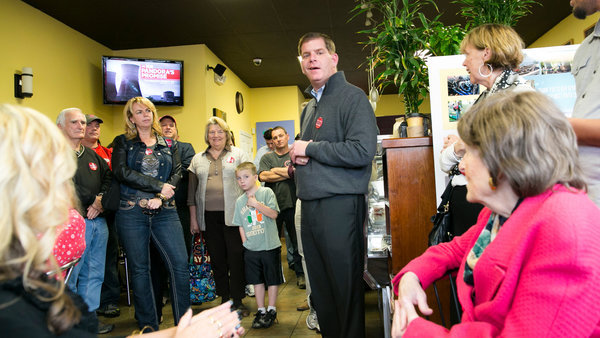 Martin J. Walsh spoke to voters at a cafe in the Hyde Park neighborhood of Boston on Saturday. (Katherine Taylor/for the New York Times)