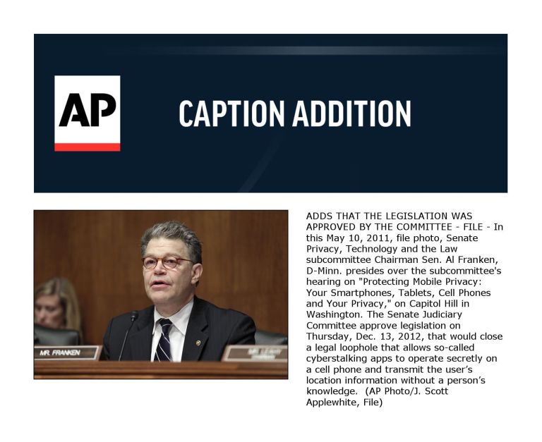   ADDS THAT THE LEGISLATION WAS APPROVED BY THE COMMITTEE - FILE - In this May 10, 2011, file photo, Senate Privacy, Technology and the Law subcommittee Chairman Sen. Al Franken, D-Minn. presides over the subcommittee's hearing on 