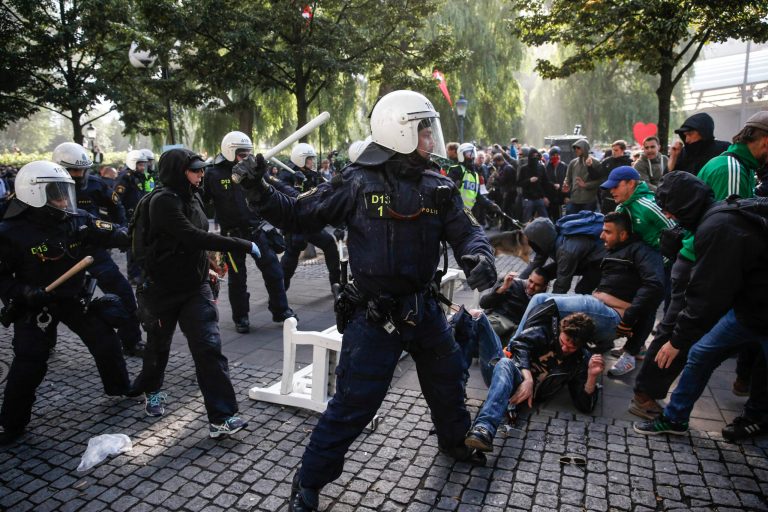 Counter-demonstrators protesting against an election meeting arranged by the neo-Nazi party 