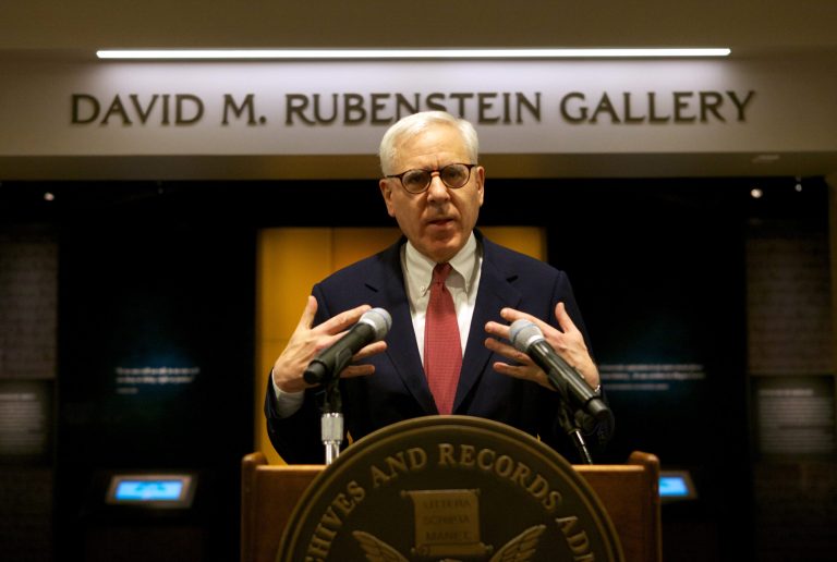 Philanthropist David Rubenstein speaks during a press preview of the 