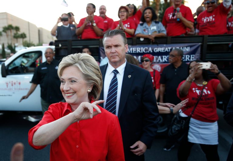Democratic presidential candidate Hillary Rodham Clinton meets with people during a rally Monday, Oct. 12, 2015, in Las Vegas, held by the Culinary Union to support a union drive at the Trump Hotel. (AP Photo/John Locher)