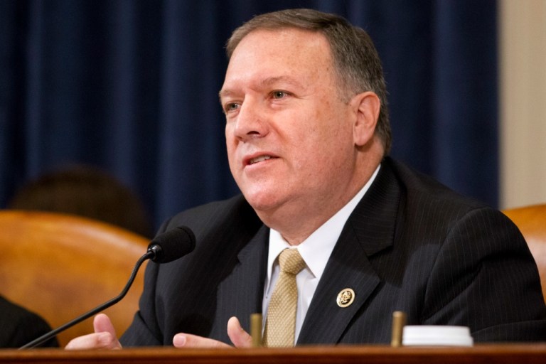 House Benghazi Committee member Rep. Mike Pompeo, R-Kansas questions Democratic presidential candidate, former Secretary of State Hillary Rodham Clinton, during the committee's hearing on Capitol Hill in Washington, Thursday, Oct. 22, 2015. (AP Photo/Jacquelyn Martin)
