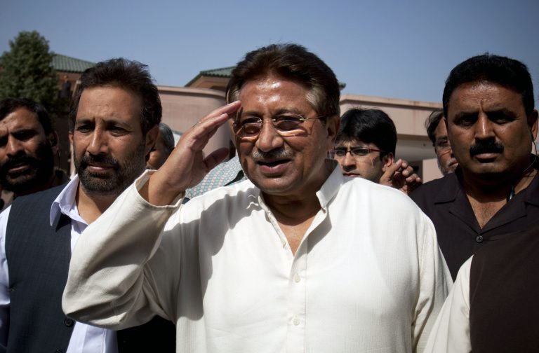 Pakistan's former President and military ruler Pervez Musharraf arrives to present party manifesto leaflets to candidates at his residence in Islamabad, Pakistan, Monday, April 15, 2013. Musharraf's All Pakistan Muslim League APML, party will take part in the upcoming elections scheduled on May 31, 2013. (AP Photo/B.K. Bangash)