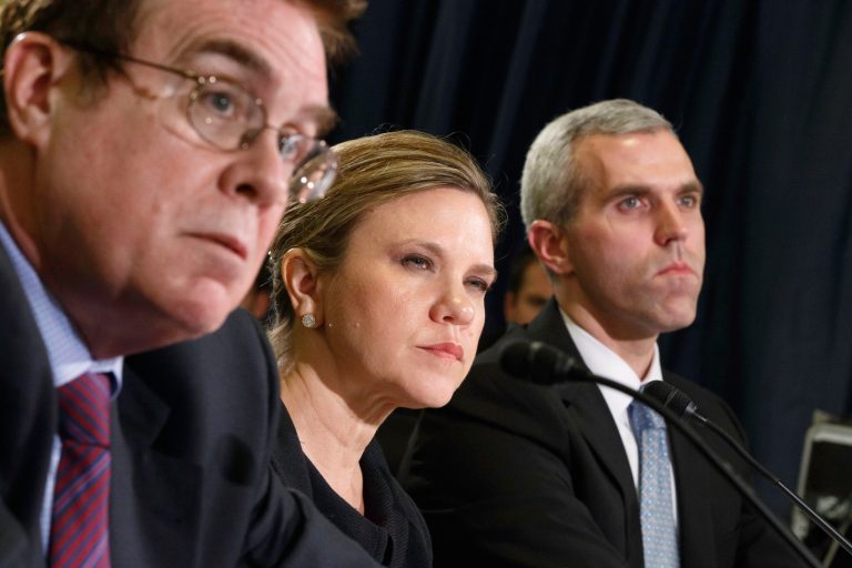 From left to right, Dr. Thomas Lynch, the assistant deputy under secretary for health for clinical operations at the Veterans Health Administration, Joan Mooney, the assistant secretary for congressional and legislative affairs at the Department of Veterans Affairs, and Michael Huff, a congressional relations officer with the Department of Veterans Affairs, testify as the House Committee on Veterans' Affairs hears from the three witnesses about allegations of gross mismanagement and misconduct at VA hospitals possibly leading to patient deaths, on Capitol Hill in Washington, Wednesday. (AP Photo/J. Scott Applewhite)