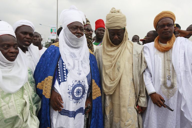 Nigeria Muslims attends Eid al-Adha prayers in Lagos, Nigeria, Saturday, Oct. 4, 2014. Muslims around the world will celebrate Eid al-Adha, the Festival of Sacrifice, to mark the end of the hajj pilgrimage by slaughtering sheep, goats, cows and camels to commemorate Prophet Abraham's readiness to sacrifice his son Ismail on God's command. (AP Photo/Sunday Alamba)