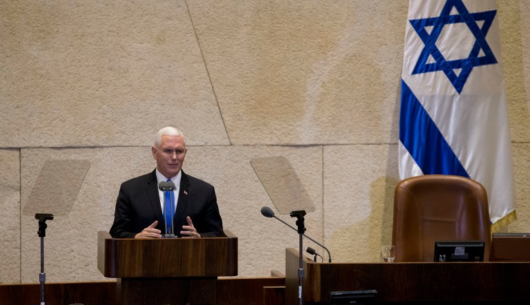 Vice President Mike Pence speaks in Israel's parliament in Jerusalem, Monday, Jan. 22, 2018. (AP Photo/Ariel Schalit, Pool)