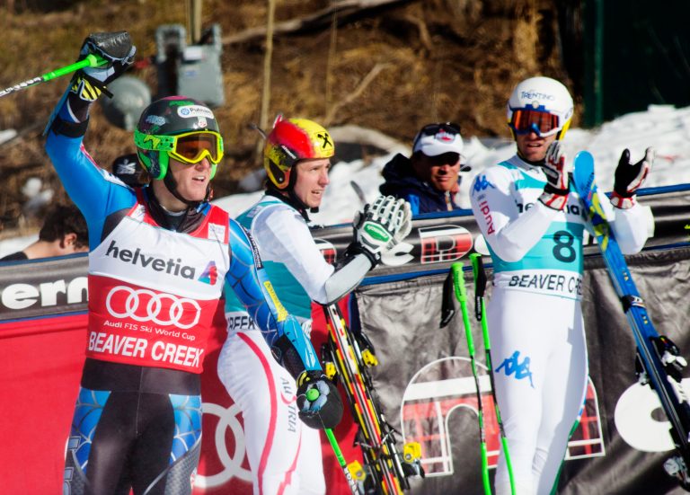   Ted Ligety reacts in the finish arena after winning the men's World Cup giant slalom ski race in Beaver Creek, Colo., Sunday, Dec. 2, 2012. (AP Photo/Nathan Bilow)  