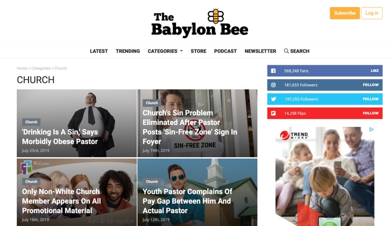 A screenshot of The Babylon Bee, a Christian satire site, is seen.