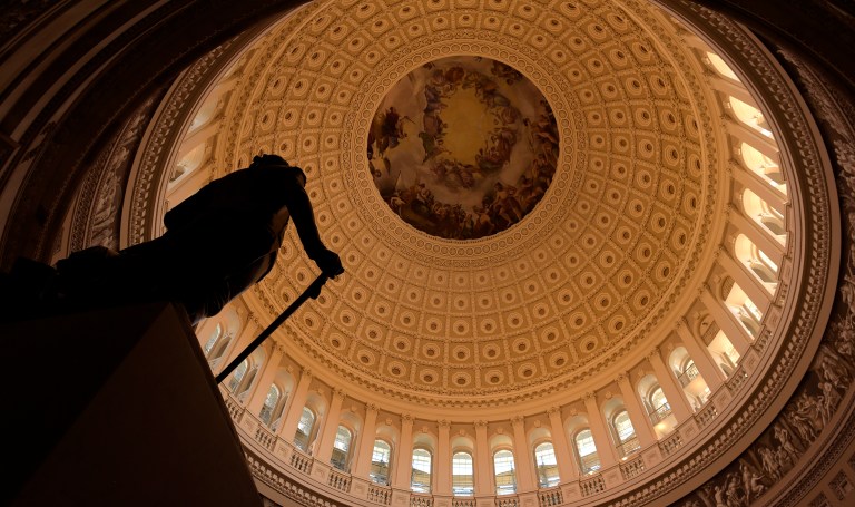 The newly restored rotunda inside of the Capitol dome is finally clear of scaffolding following lengthy repairs and restoration. (AP Photo/Susan Walsh)
