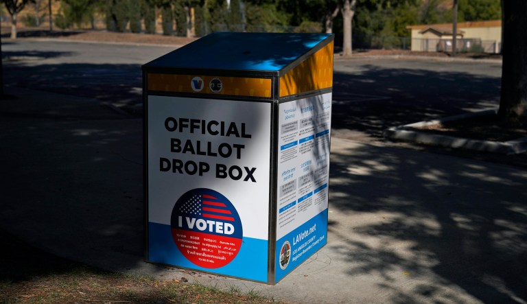 An official ballot drop box is seen Wednesday, Oct. 14, 2020, in Santa Clarita, Calif. 