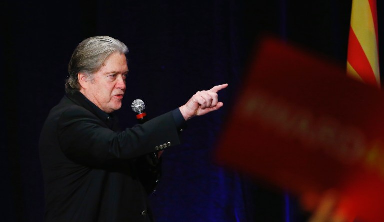 Steve Bannon, former strategist for President Donald Trump, speaks at a campaign rally for Arizona Senate candidate Kelli Ward on Tuesday, Oct. 17, 2017, in Scottsdale, Ariz. Ward is running against incumbent Republican Jeff Flake in next year's GOP primary. 