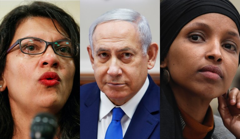 Benjamin Netanyahu (center) bans Rashida Tlaib (left) and Ilhan Omar (right) from visiting Israel (August 2019)