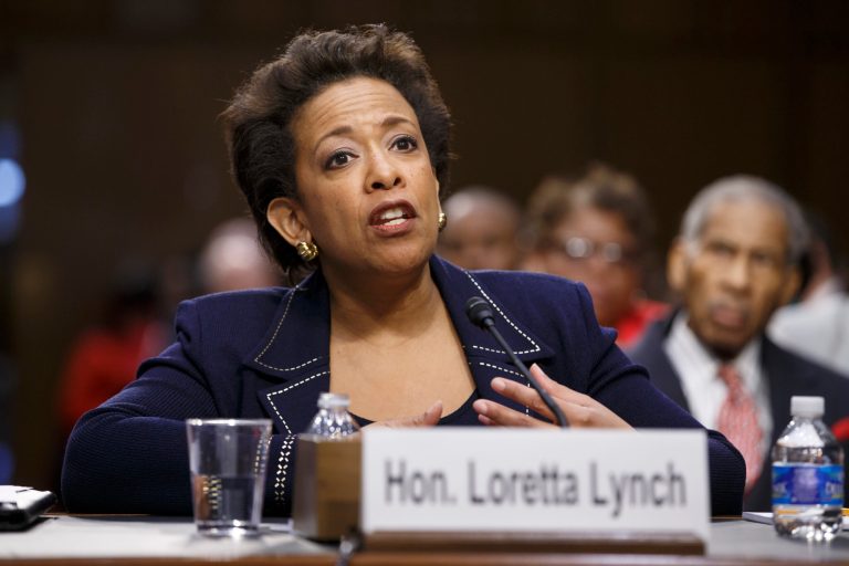 In this Jan. 28, 2015 file photo, Attorney General nominee Loretta Lynch testifies on Capitol Hill in Washington. Senate Minority Leader Richard Durbin, of Ill., the second-ranking Senate Democrat is accusing Republicans of putting Lynch's nomination 