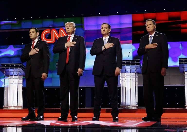 Republican presidential candidates, Sen. Marco Rubio, R-Fla., from left, Donald Trump, Sen. Ted Cruz, R-Texas, and Ohio Gov. John Kasich. (AP Photo/Wilfredo Lee)