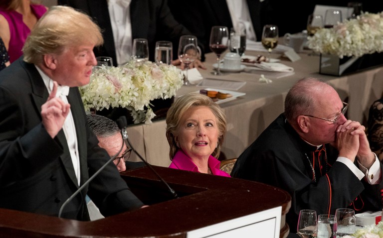 Donald Trump brought up his decade-long spat with Rosie ODonnell while roasting Hillary Clinton Thursday night, joking that his Democratic opponent had replaced the former View co-host as the nastiest woman in his life. (AP Photo/Andrew Harnik)