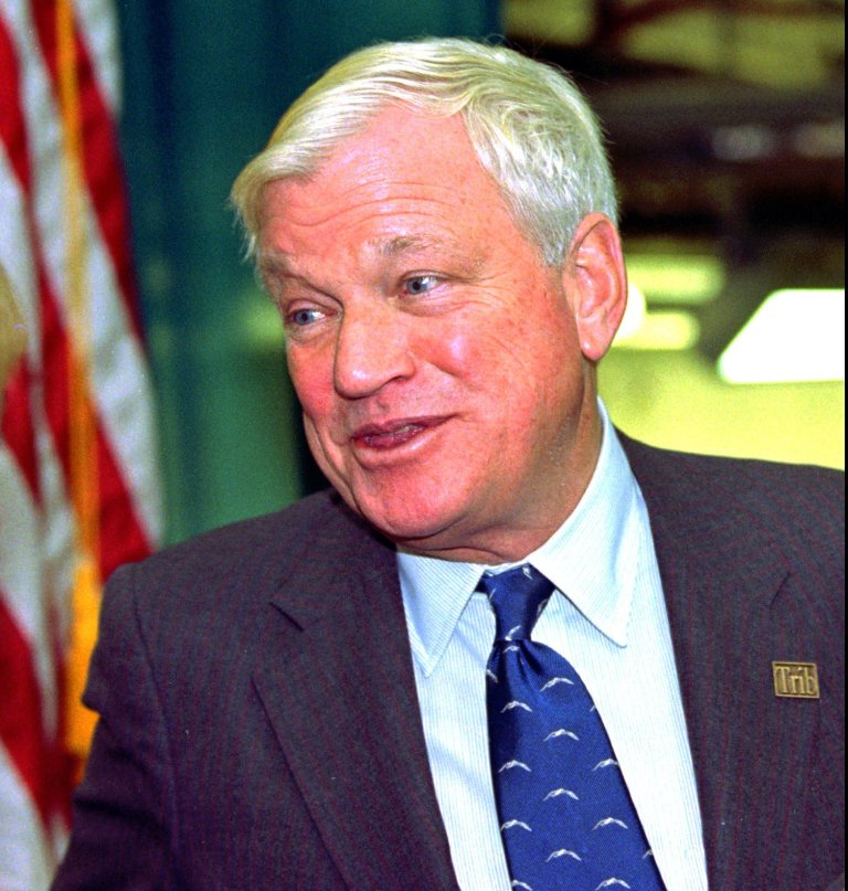 FILE - In this Oct. 23, 1997, file photo, billionaire Richard Mellon Scaife, owner and publisher of the Tribune Review newspapers in Pittsburgh and Greensburg, Pa., greets visitors as they enter the paper's new facility in Warrendale, Pa. during the dedication of the building. Scaife, who published the Pittsburgh Tribune-Review and funded libertarian and conservative political causes, including a one-time effort to discredit President Bill Clinton, died at his home early Friday, July 4, 2014, one day after his birthday, The Tribune-Review newspaper reported. He was 82. In 2013, Forbes estimated his wealth at $1.4 billion. (AP Photo/Keith Srakocic, File)