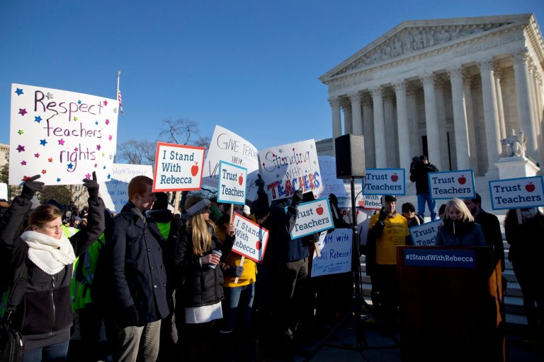 On Monday, the Supreme Court finally heard oral arguments in Friedrichs v. California Teachers Association, a challenge to the 1977 precedent that permitted union freeloading on the backs of more than 700,000 unwilling government workers. (AP Photo)