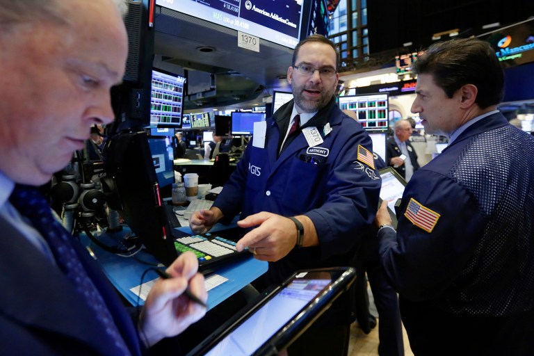 Major indices were up by several percent Monday afternoon. (AP Photo/Richard Drew)