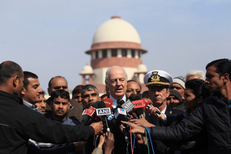 Italian government's envoy Staffan de Mistura speaks with media after a court hearing at the Supreme court, in New Delhi, India, Monday, Feb. 10, 2014. India acceded to Italyâs request and said Friday it wonât invoke an anti-piracy law carrying the death penalty when it tries two Italian marines accused of killing two Indian fishermen in February 2012. (AP Photo/Tsering Topgyal)