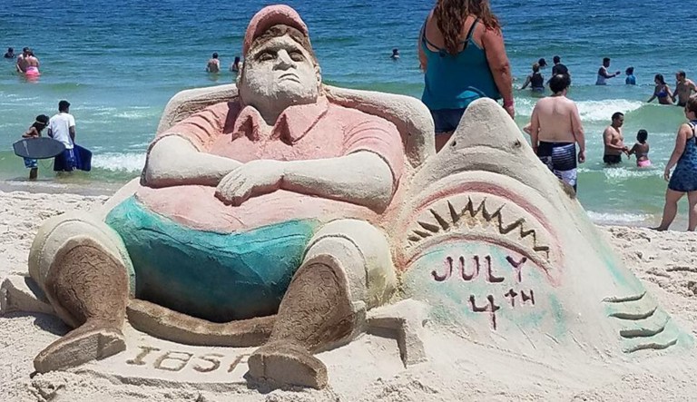 Chris Christie's beach outing was immortalized — for a brief time — in sand. (Dave Bobal/Image courtesy Twitter)