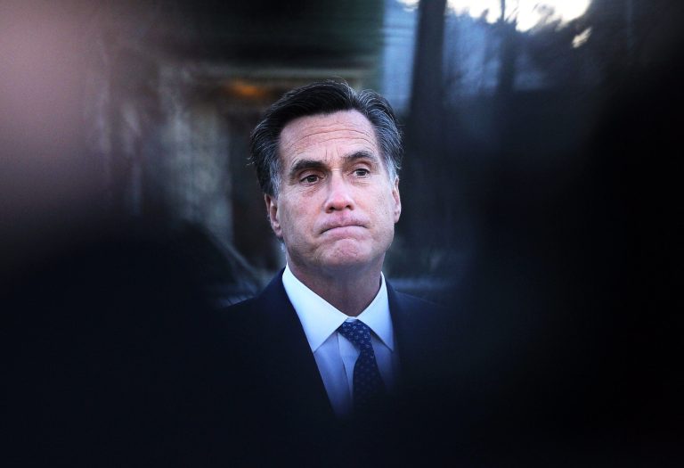 Republican presidential candidate, former Massachusetts Gov. Mitt Romney looks on during a press availability after voting at the Beech Street Senior Center on March 6, 2012 in Belmont, Mass. (Photo by Justin Sullivan/Getty Images)