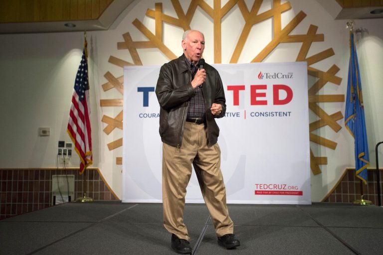 Sen. Ted Cruz piggybacks on his father Rafael Cruz's new book to lay out the agenda for his first day as president. (AP Photo/J Pat Carter)