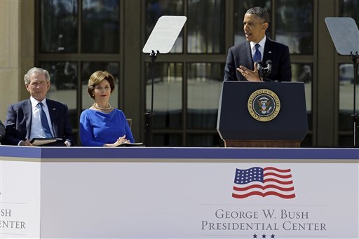 At presidential library, Obama and Clinton praise Bush effort on immigration reform