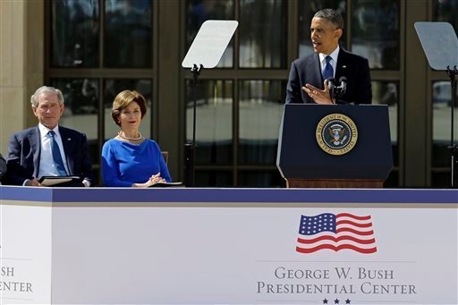 At presidential library, Obama and Clinton praise Bush effort on immigration reform