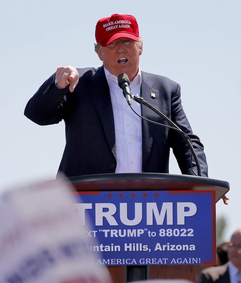 Republican presidential candidate Donald Trump speaks during a campaign rally Saturday, March 19, 2016, in Fountain Hills, Ariz. (AP Photo/Matt York)