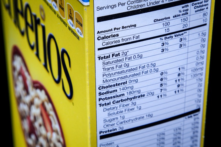 The new nutrition label would include a line that shows the amount of added sugar in a product and would increase the size of the print for the calorie count. (AP Photo/J. David Ake)