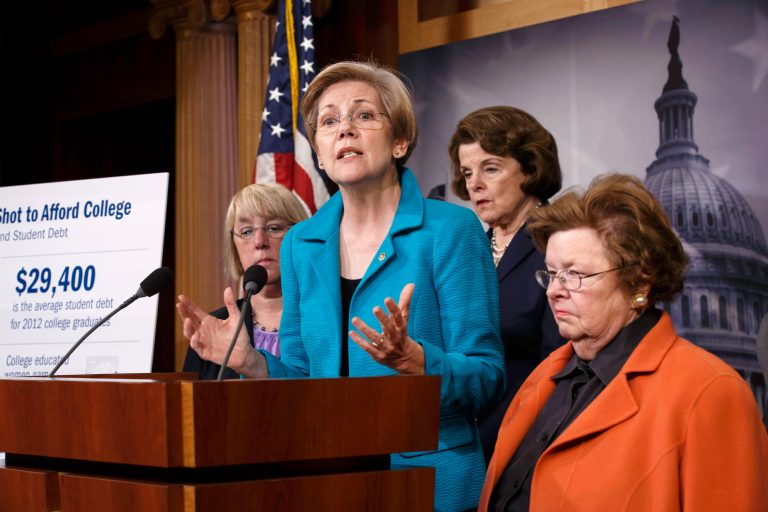 Sen. Elizabeth Warren, D-Mass., center, joined by other women of the Senate, holds a news conference Wednesday on her bill, the Bank on Students Emergency Loan Refinancing Act, which would allow people with outstanding student loan debt to refinance at the lower interest rates currently offered to new borrowers. From left are, Sen. Patty Murray, D-Wash.; Warren; Sen. Dianne Feinstein, D-Calif.; and Sen. Barbara A. Mikulski, D-Md. (AP Photo/J. Scott Applewhite)