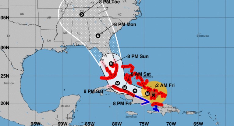Hurricane Irma is on course to hit Florida head-on, from tip to top, in the forecast from the National Hurricane Center late Thursday evening. (Screen shot, courtesy of the National Hurricane Center)