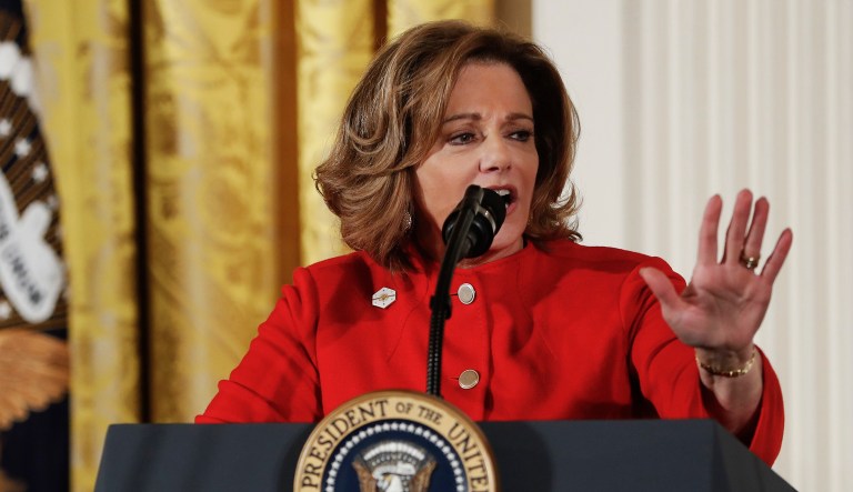 FILE - In this March 29, 2017, file photo, then-Deputy National Security Adviser K.T. McFarland speaks at the Women's Empowerment Panel, at the White House in Washington. McFarland is an unnamed senior official referred to in the court papers filed in the Michael Flynn case. She was involved in a discussion with Flynn about what he would say to Russian government officials in response to U.S. sanctions imposed on Russia last year. (AP Photo/Pablo Martinez Monsivais, File)