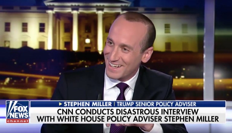 White House policy adviser Stephen Miller appeared on Fox News with Tucker Carlson Monday, a day after a heated exchange with Jake Tapper on rival channel CNN. (screenshot)