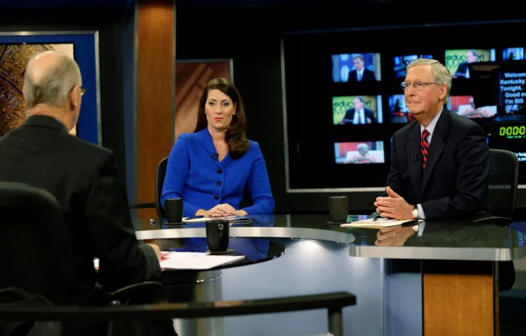 National Democrats are off the air in Kentucky, where polls continue to show Senate Minority Leader Mitch McConnell with a slight edge over Democratic challenger Alison Lundergan Grimes. (AP Photo)