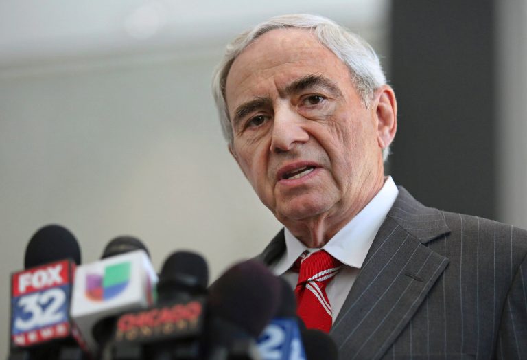 FILE - In this June 16, 2014 file photo, anti-patronage attorney Michael Shakman speaks to the media at the federal building in Chicago. In a federal court filing Tuesday, July 8, 2014, Shakman argued that Gov. Pat Quinn's administration should face federal scrutiny to ensure it complies with rules barring political hiring for non-political jobs. (AP Photo/Sun-Times Media, Chandler West, File) MANDATORY CREDIT, MAGS OUT, NO SALES