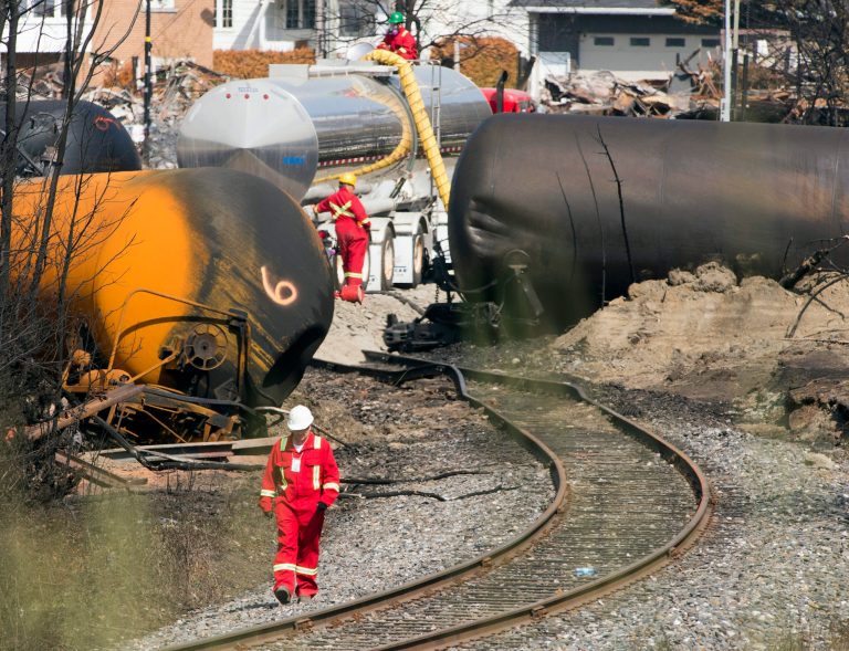   FILE - This July 6, 2013 file-pool photo shows work continuing at the crash site of the train derailment and fire in Lac-Megantic, Quebec. Federal inspection teams are headed to the booming Bakken oil region in Great Plains states to see if rail shipments of crude oil meet safety regulations. The inspections are dubbed the 