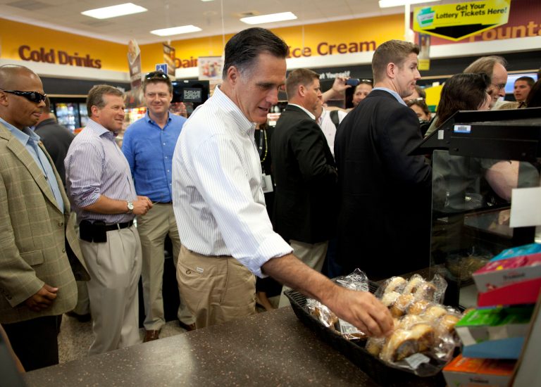   Republican presidential candidate, former Massachusetts Gov. Mitt Romney makes a stop at Wawa gas station in in Quakertown, Pa., Saturday, June 16, 2012. (AP Photo/Evan Vucci)  
