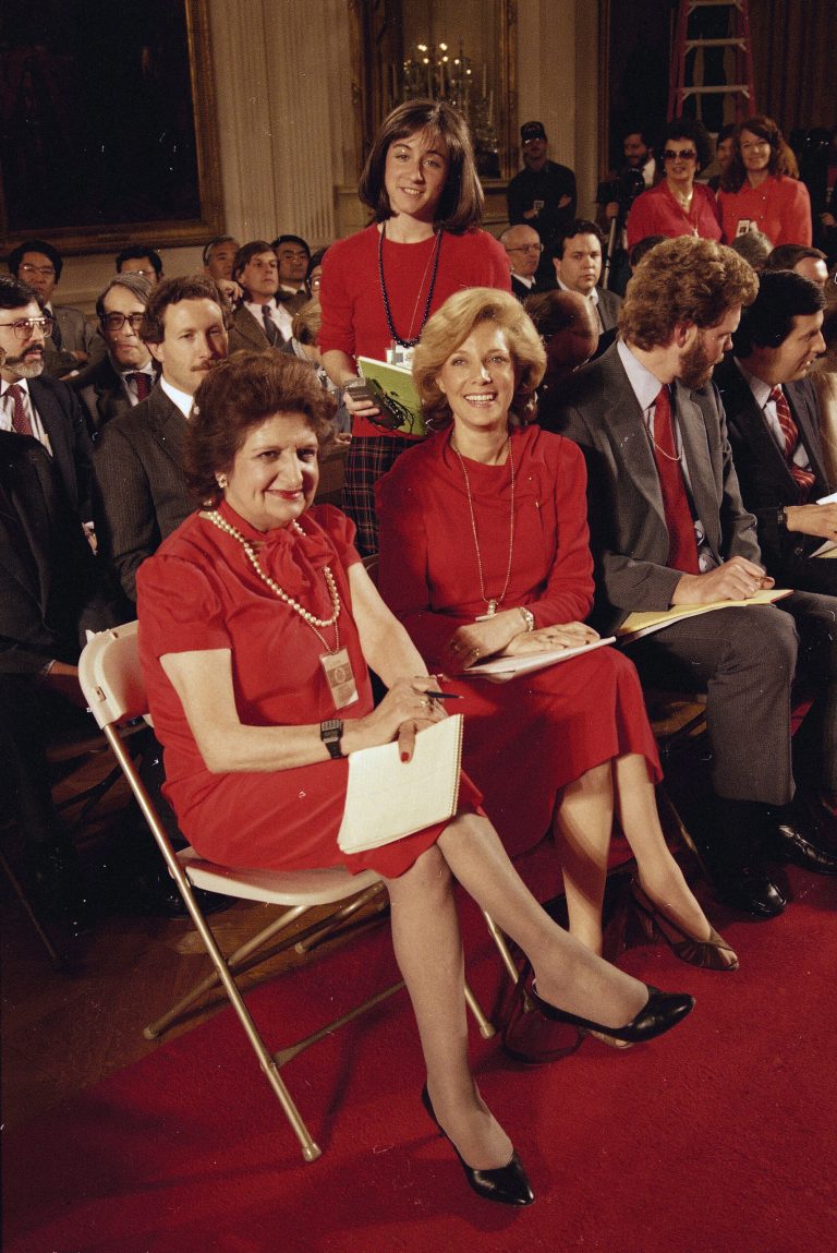 CBS's Lesley Stahl covered two presidencies. She's show here in 1985 with Helen Thomas of UPI, Jane Mayer of the Wall Street Journal, Tuna Koprulu of Hurriyet, Istanbul, and Connie Lawn, a free lance radio correspondent. (AP Photo/J. Scott Applewhite)