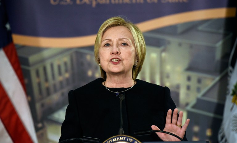 Former Secretary of State Hillary Clinton speaks at a reception celebrating the completion of the U.S. Diplomacy Center Pavilion at the State Department. (AP Photo/Sait Serkan Gurbuz)