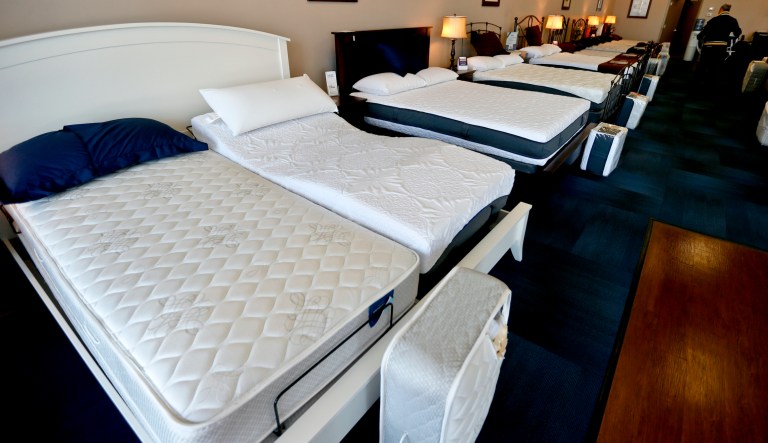 In this April 11, 2018, photo, a selection of mattresses are available for sale at a bedding store in Cranberry Township, Pa.