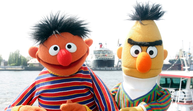 Ernie and Bert of the Sesame Street television show pose in front of the world's biggest cruise liner " Queen Mary II " for the media, on Tuesday, May 9, 2006 in the harbour of Hamburg, northern Germany.