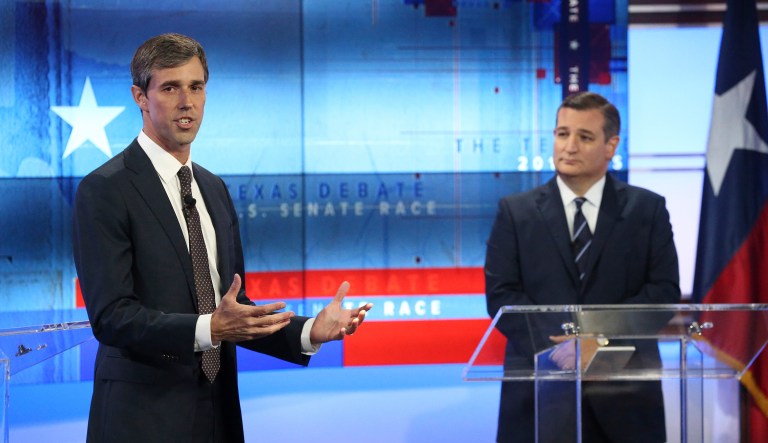 U.S. Rep. Beto O'Rourke, D-Texas, left, and U.S. Sen. Ted Cruz, R-Texas, right, take part in a debate for the Texas U.S. Senate, Tuesday, Oct. 16, 2018, in San Antonio.